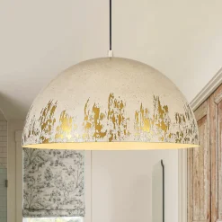 French Vintage Weathered Gilded Oversized Iron Dome Pendant