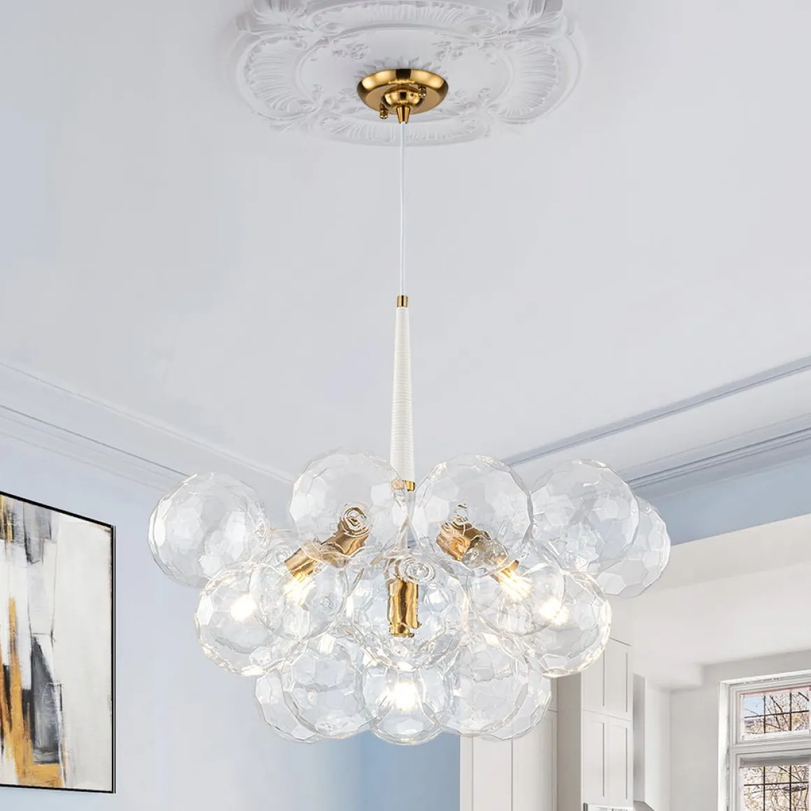 Funky Cluster Clear Faceted Glass Orb Bubble Chandelier