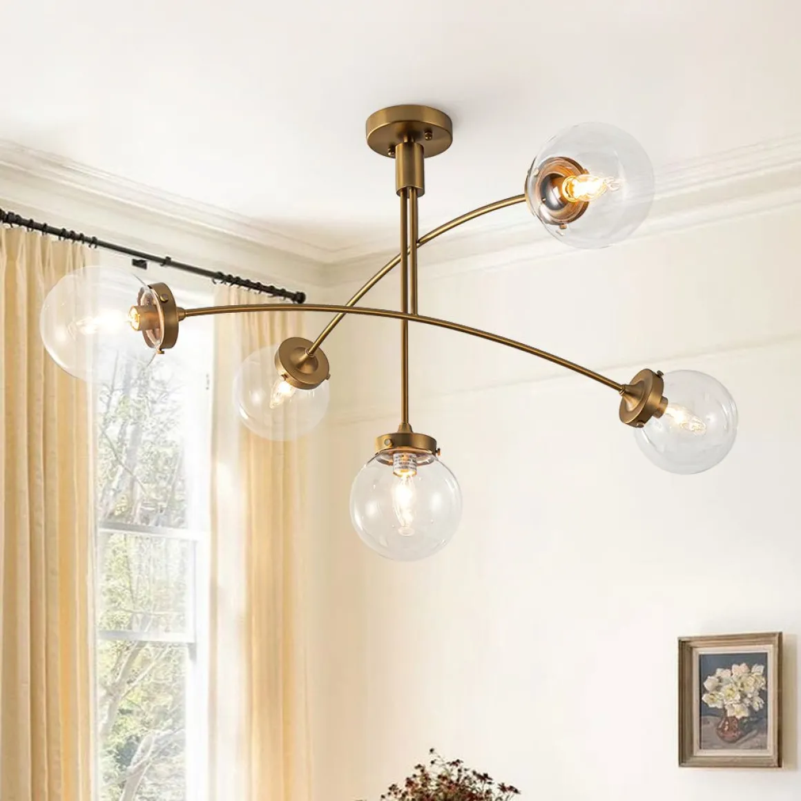 Funky 5-Light Seesaw Arched Arm Glass Globe Semi Flush Chandelier