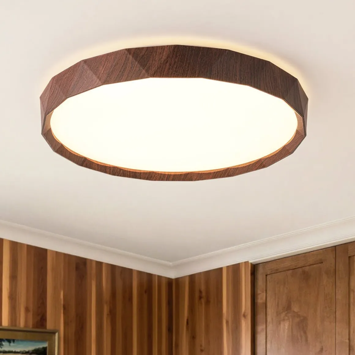Geometric Wood Style Dimmable LED Flush Mount Light