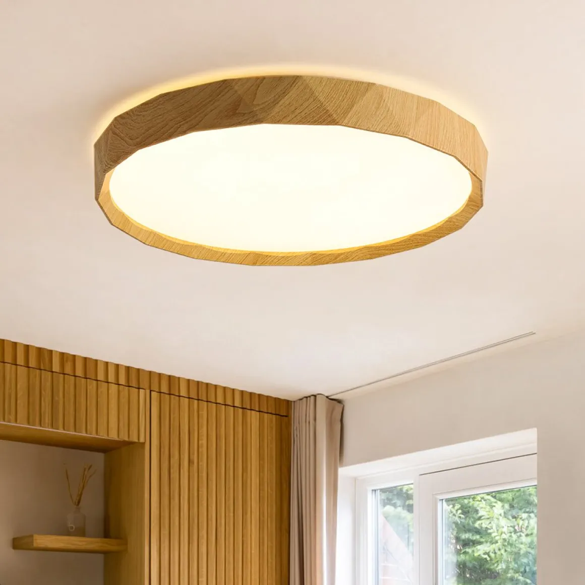 Geometric Wood Style Dimmable LED Flush Mount Light
