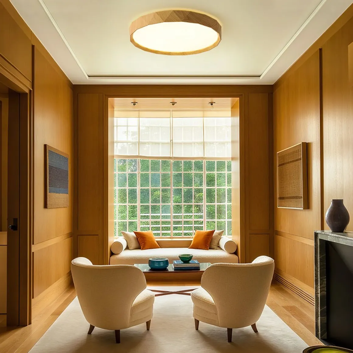 Geometric Wood Style Dimmable LED Flush Mount Light