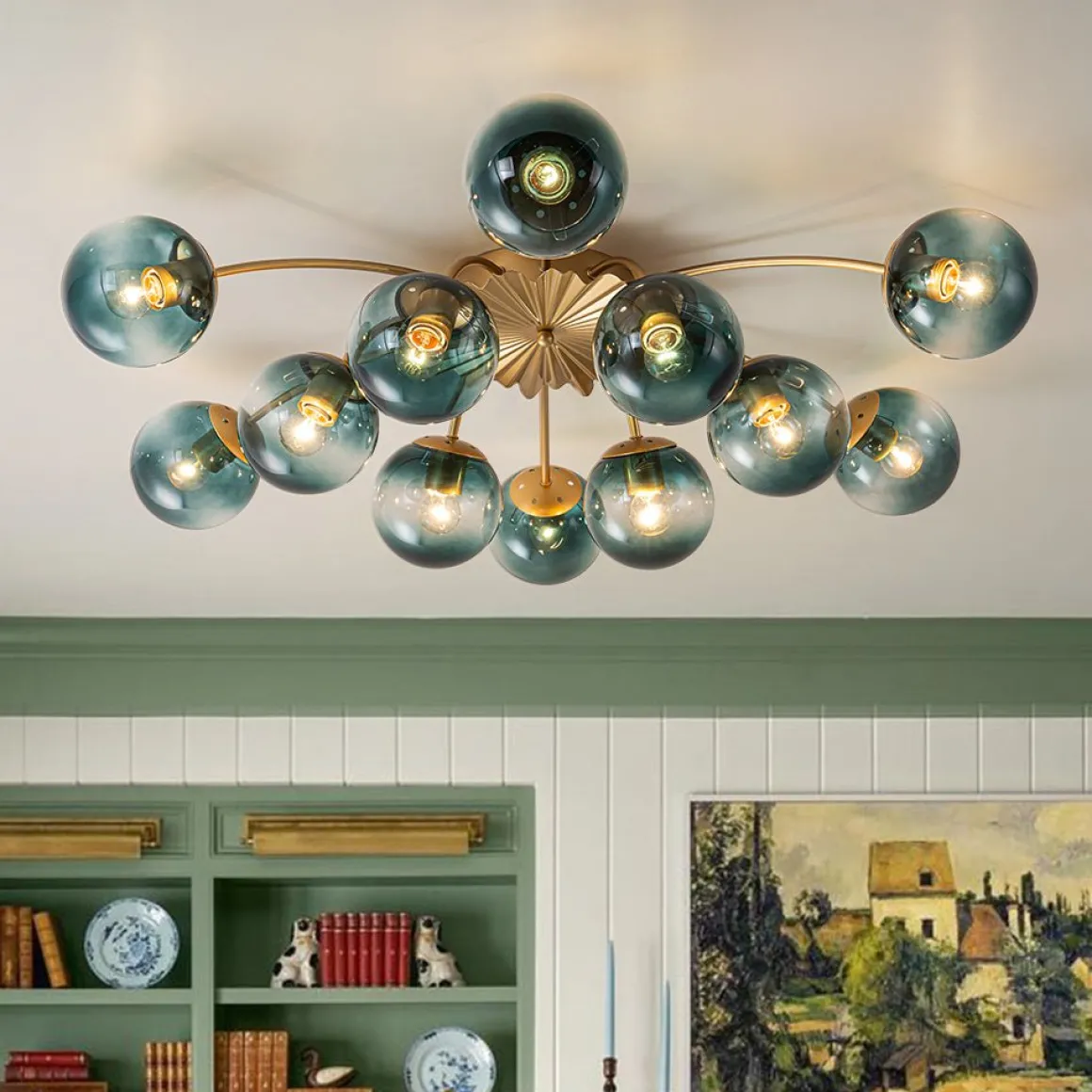 Glam Bloom 12-Light Blue Glass Bubble Semi Flush Chandelier