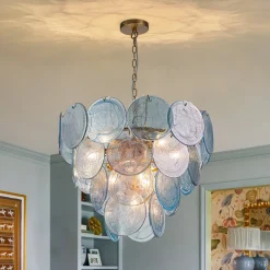 Glam Blue Iridescent Swirl Glass Round Tiered Chandelier