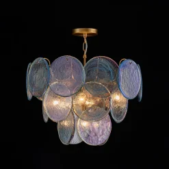 Glam Blue Iridescent Swirl Glass Round Tiered Chandelier