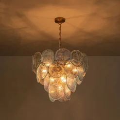 Glam Blue Iridescent Swirl Glass Round Tiered Chandelier