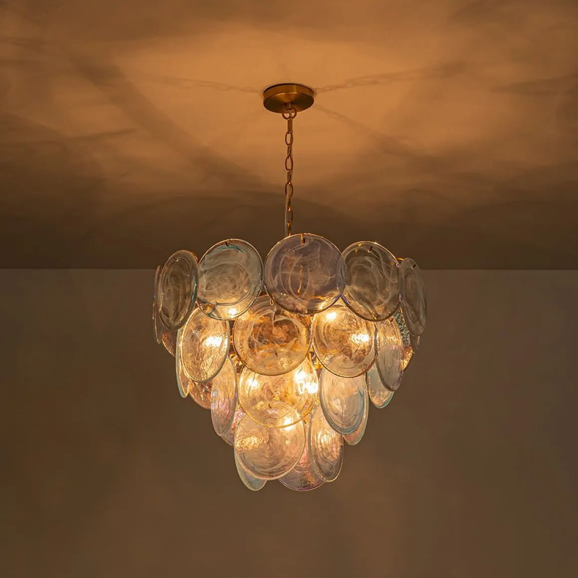 Glam Blue Iridescent Swirl Glass Round Tiered Chandelier