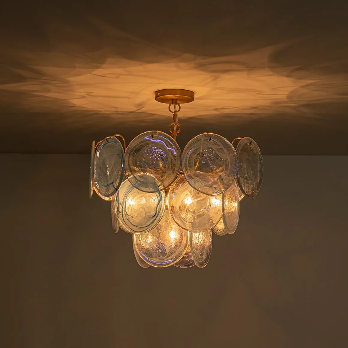 Glam Blue Iridescent Swirl Glass Round Tiered Chandelier