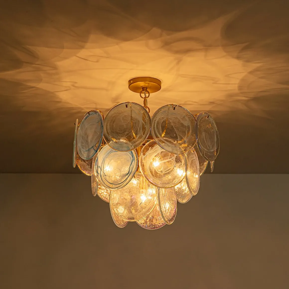 Glam Blue Iridescent Swirl Glass Round Tiered Chandelier