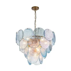 Glam Blue Iridescent Swirl Glass Round Tiered Chandelier