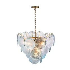 Glam Blue Iridescent Swirl Glass Round Tiered Chandelier
