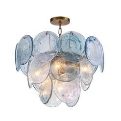 Glam Blue Iridescent Swirl Glass Round Tiered Chandelier