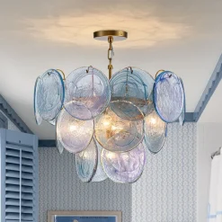 Glam Blue Iridescent Swirl Glass Round Tiered Chandelier