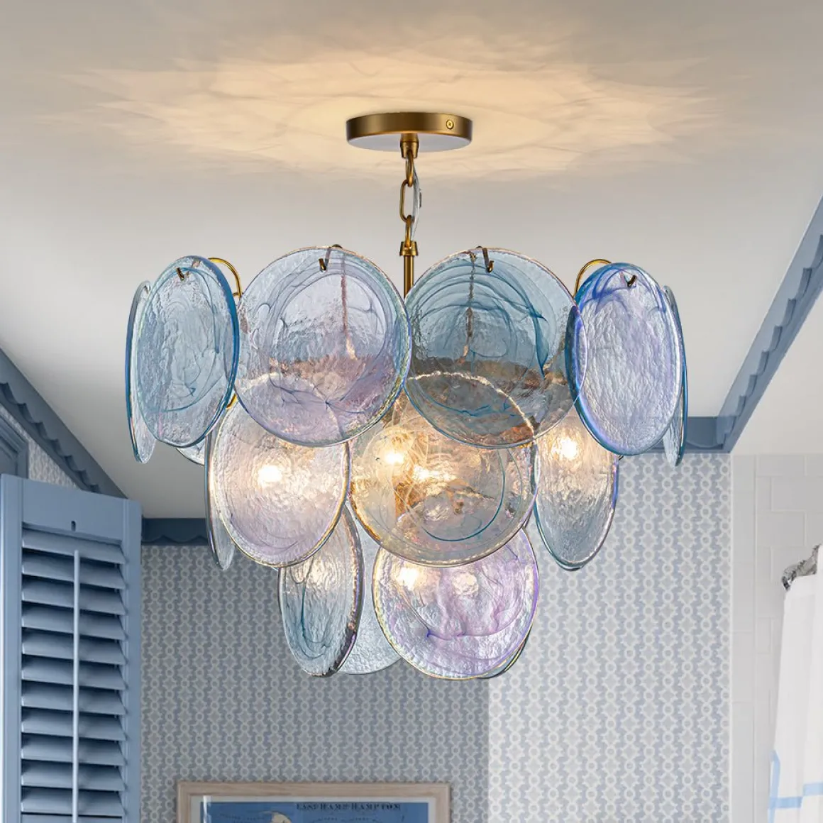 Glam Blue Iridescent Swirl Glass Round Tiered Chandelier