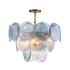 Glam Blue Iridescent Swirl Glass Round Tiered Chandelier