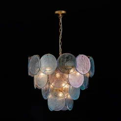 Glam Blue Iridescent Swirl Glass Round Tiered Chandelier