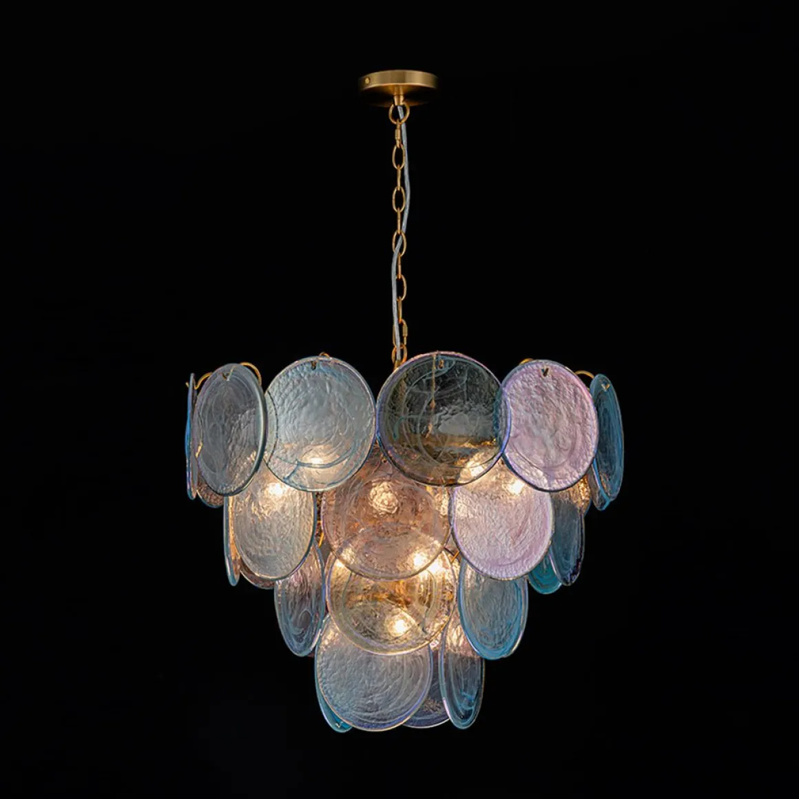 Glam Blue Iridescent Swirl Glass Round Tiered Chandelier