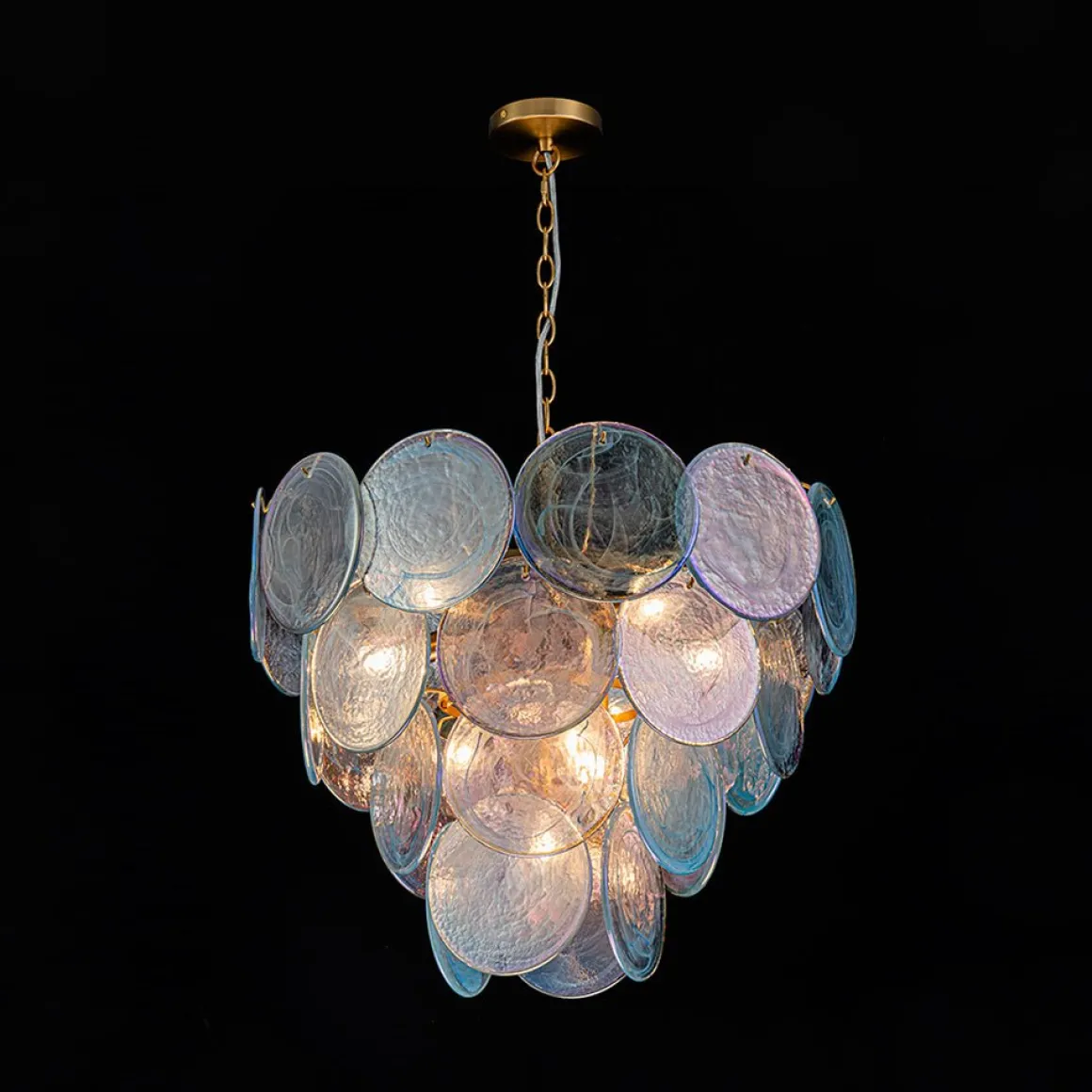 Glam Blue Iridescent Swirl Glass Round Tiered Chandelier