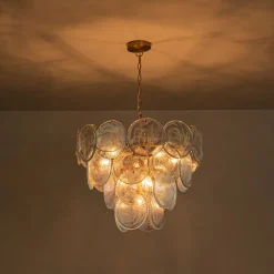 Glam Blue Iridescent Swirl Glass Round Tiered Chandelier