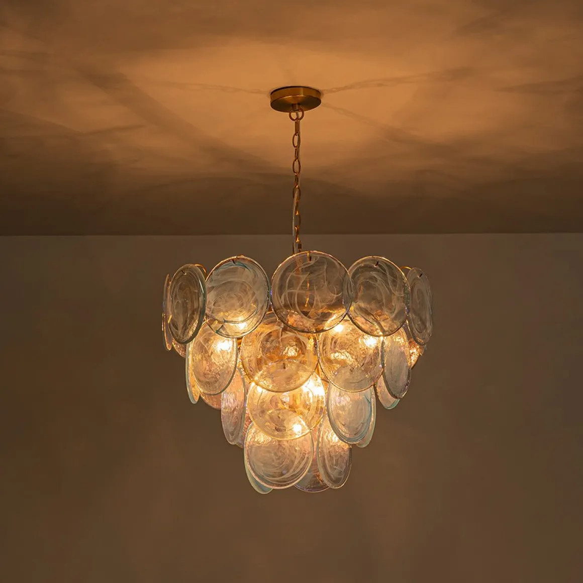 Glam Blue Iridescent Swirl Glass Round Tiered Chandelier