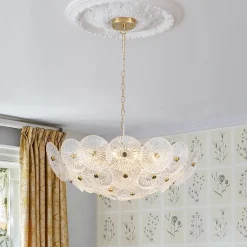 Glam Brass Ribbed Glass Floral Round Basket Chandelier