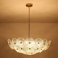 Glam Brass Ribbed Glass Floral Round Basket Chandelier