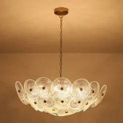 Glam Brass Ribbed Glass Floral Round Basket Chandelier