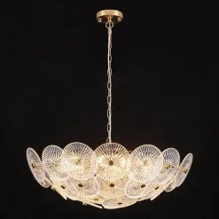 Glam Brass Ribbed Glass Floral Round Basket Chandelier