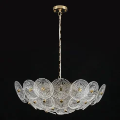Glam Brass Ribbed Glass Floral Round Basket Chandelier