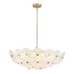 Glam Brass Ribbed Glass Floral Round Basket Chandelier