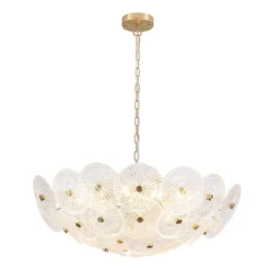 Glam Brass Ribbed Glass Floral Round Basket Chandelier