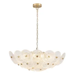 Glam Brass Ribbed Glass Floral Round Basket Chandelier