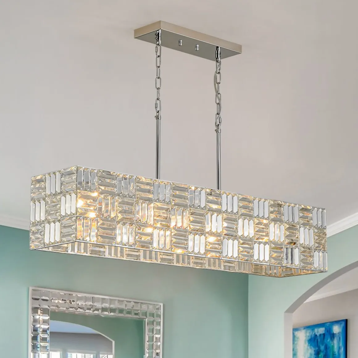 Glam Chrome Dazzle Crystal Rectangle Cage Island Chandelier