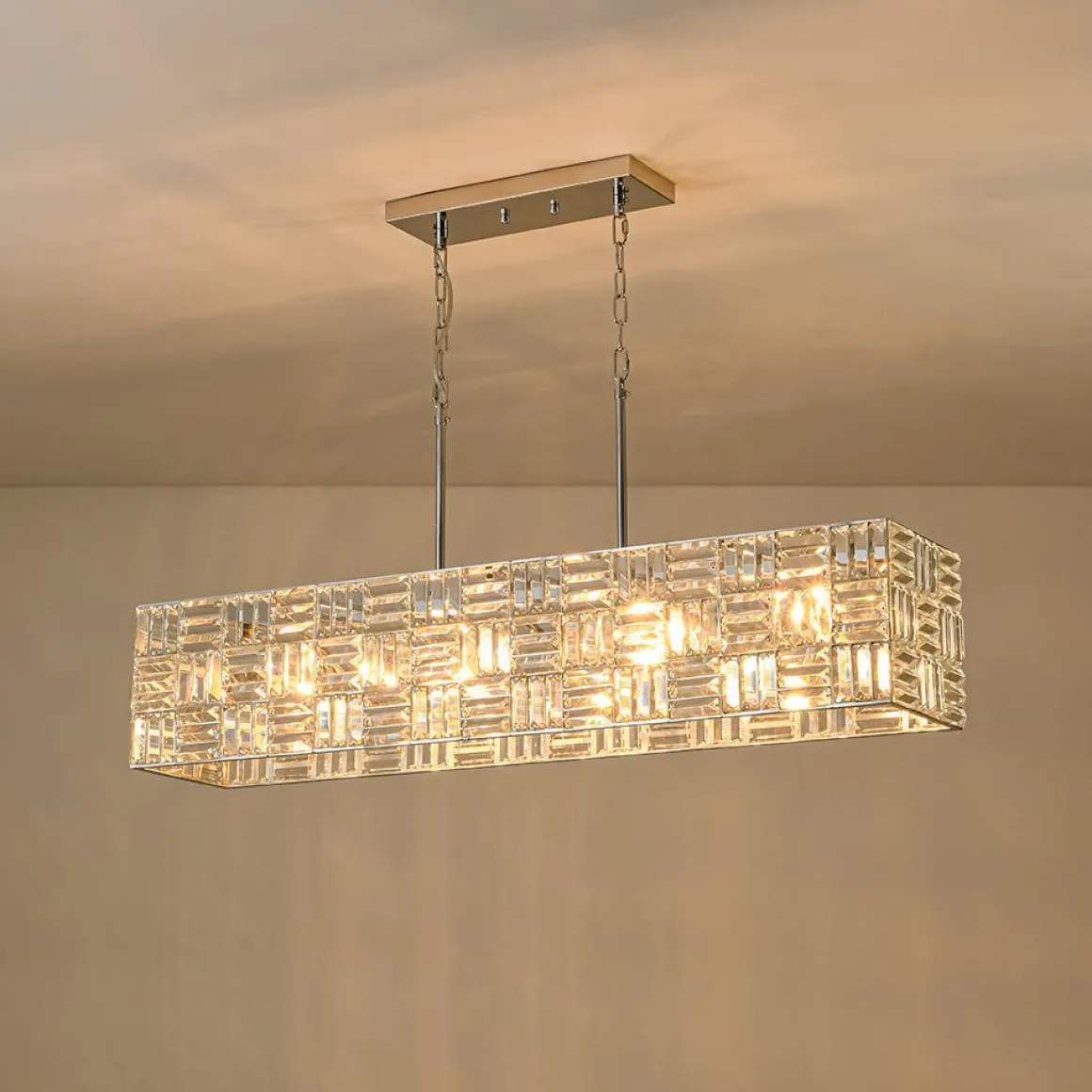 Glam Chrome Dazzle Crystal Rectangle Cage Island Chandelier