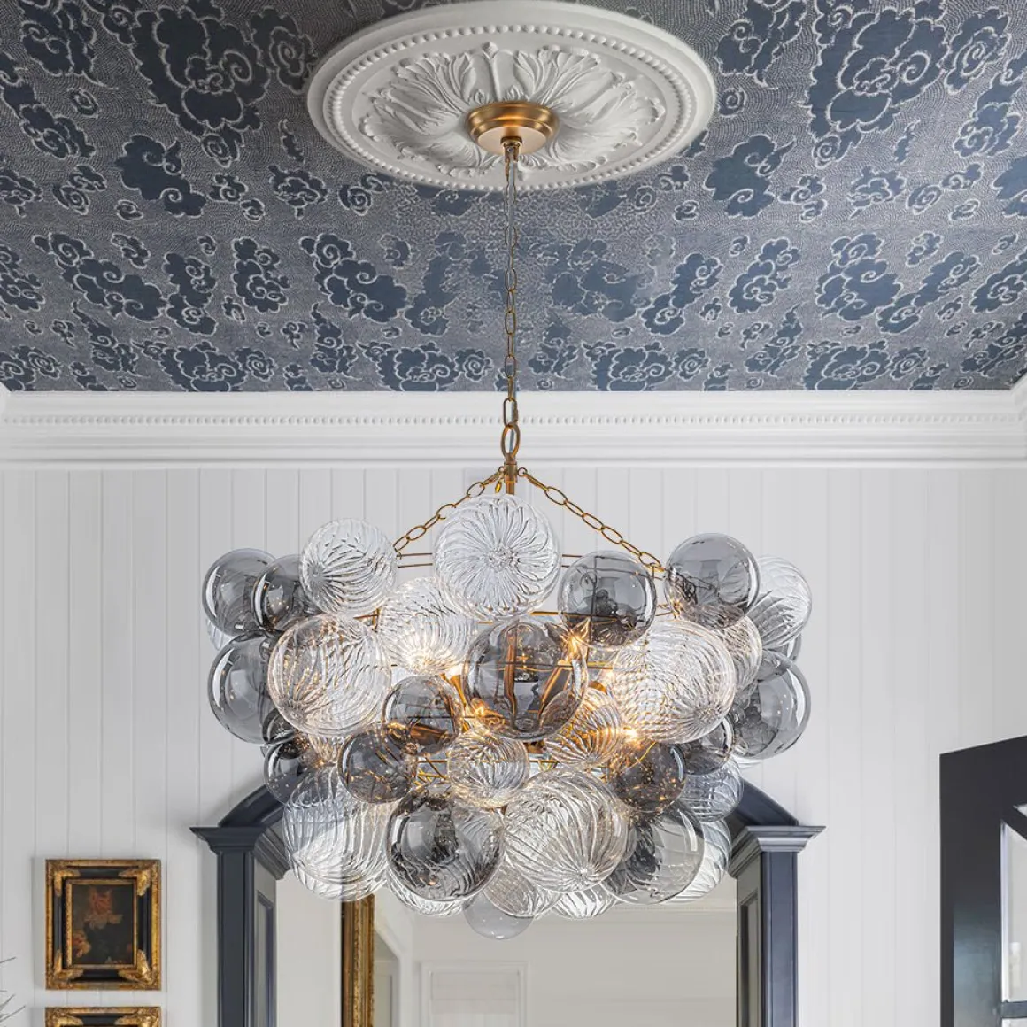 Glam Cluster Ribbed Smoked Glass Globe Bubble Chandelier