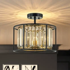 Glam Crystal Drum Round Semi Flush Ceiling Light
