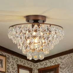 Glam Faceted Crystal Round Tiered Semi Flush Mount Light