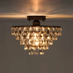 Glam Faceted Crystal Round Tiered Semi Flush Mount Light
