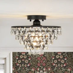 Glam Faceted Crystal Round Tiered Semi Flush Mount Light
