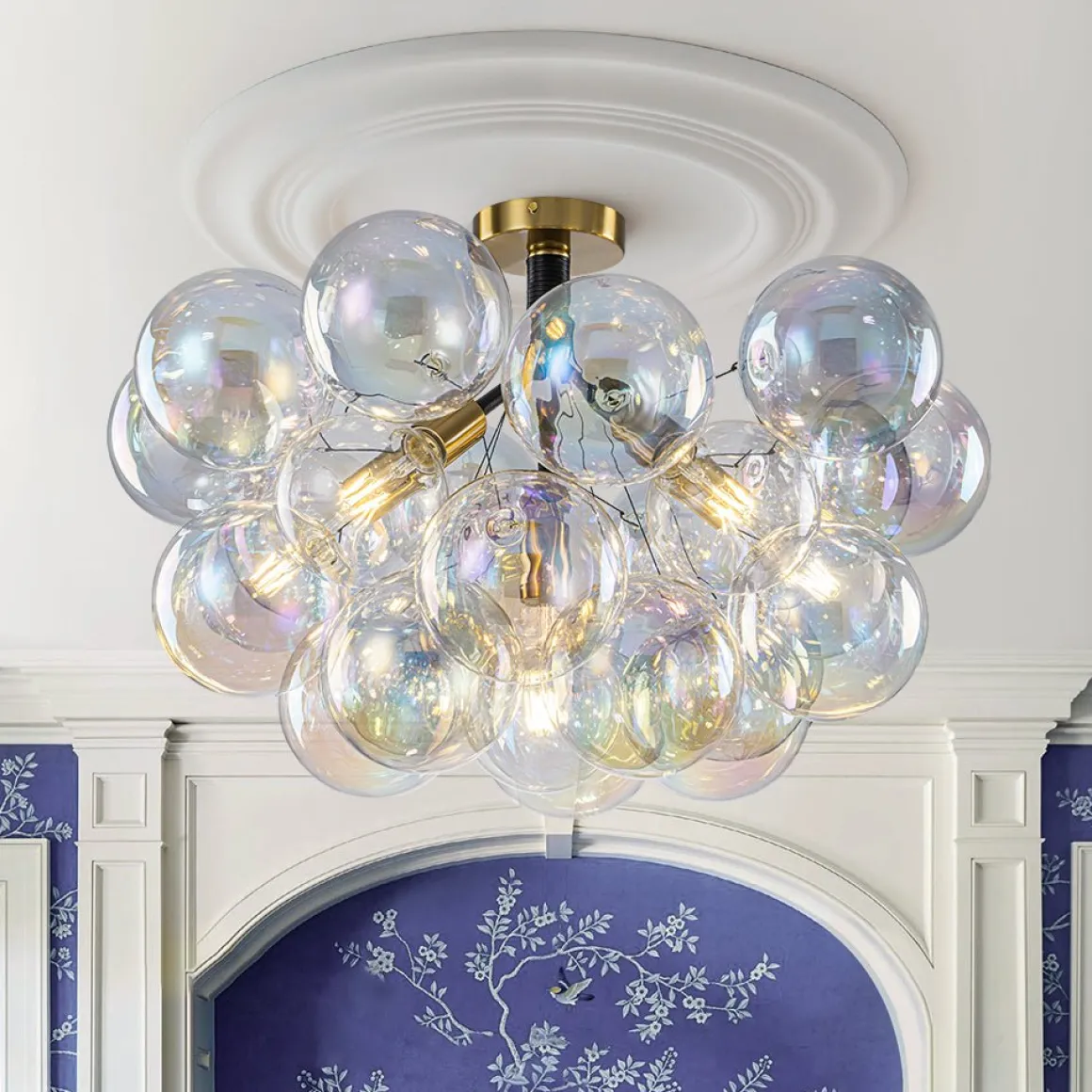 Glam Iridescent Glass Cluster Bubble Semi Flush Chandelier