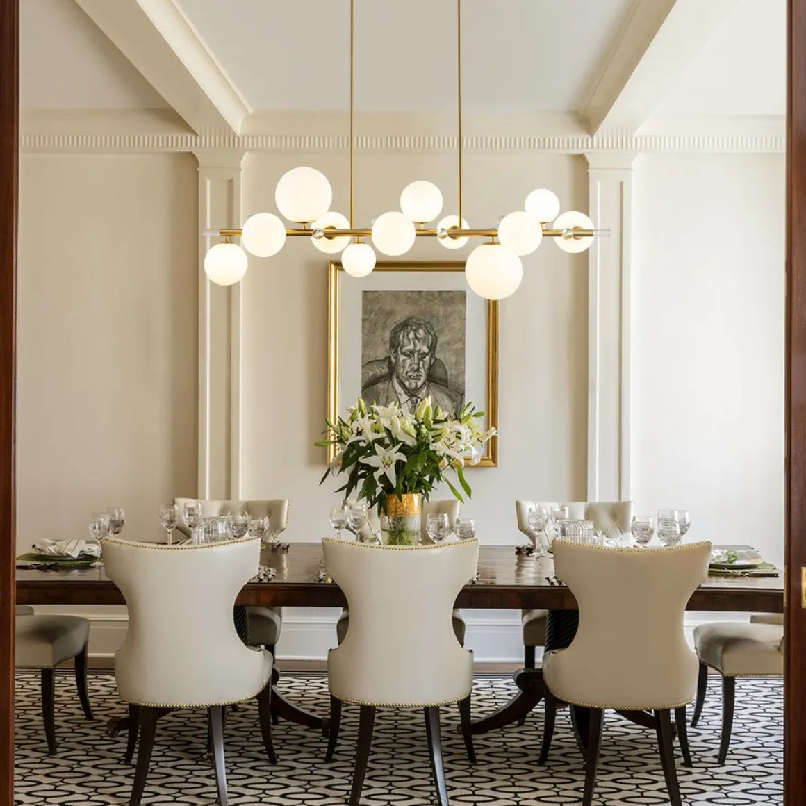 Glam 12-Light Shine Opal Glass Globe Linear Island Chandelier