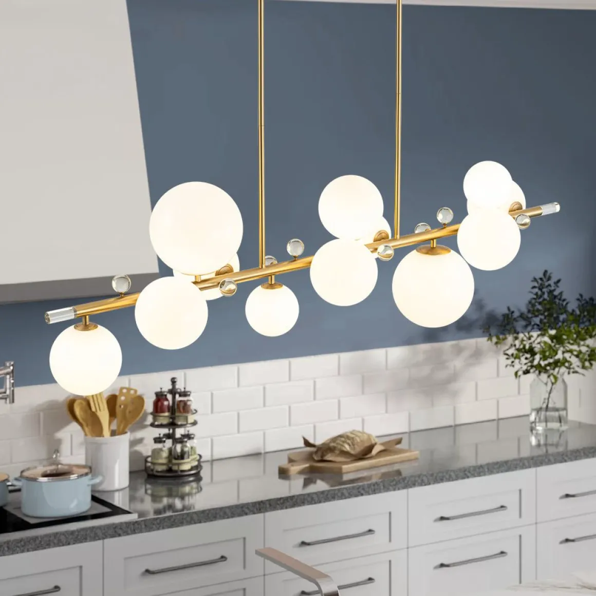 Glam 12-Light Shine Opal Glass Globe Linear Island Chandelier