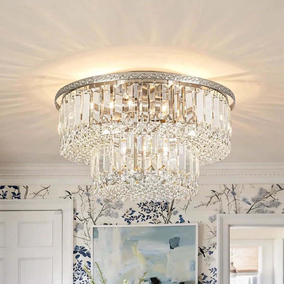Glam Luxe 2-Tier Crystal Round Semi Flush Mount Light