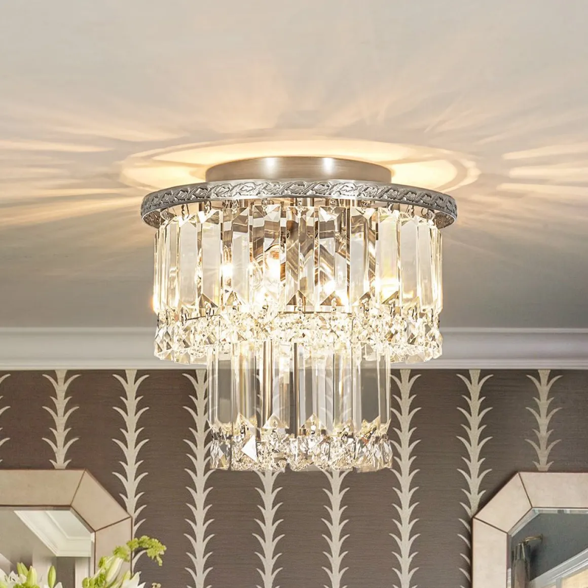 Glam Luxe 2-Tier Crystal Round Semi Flush Mount Light