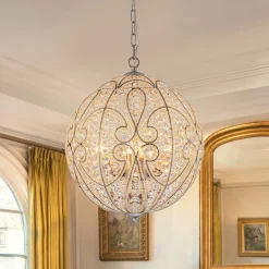 Glam Shabby Chic Crystal Globe Chandelier Distressed Silver