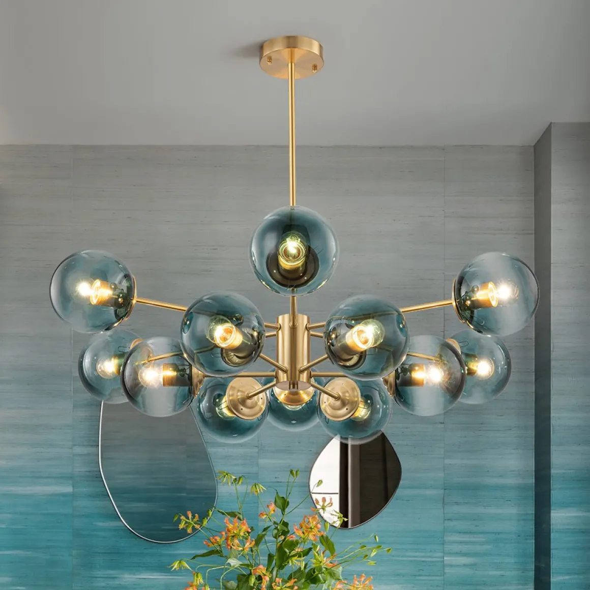 Glam Tiered Blue Glass Globe Bubble Sputnik Chandelier