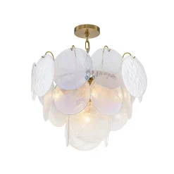Glam White Iridescent Swirl Glass Round Tiered Chandelier