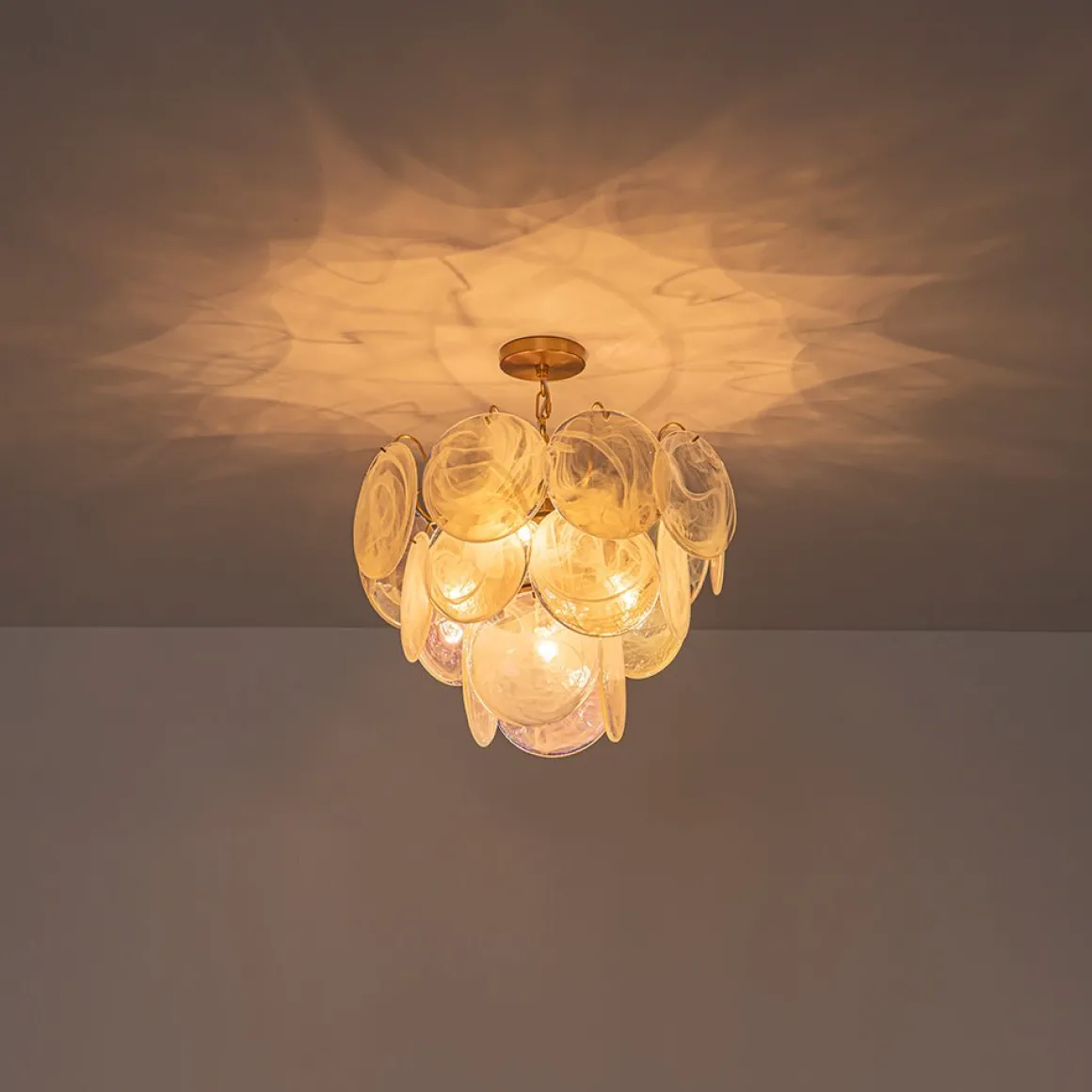 Glam White Iridescent Swirl Glass Round Tiered Chandelier