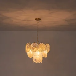 Glam White Iridescent Swirl Glass Round Tiered Chandelier