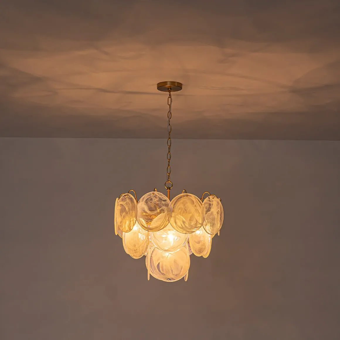 Glam White Iridescent Swirl Glass Round Tiered Chandelier